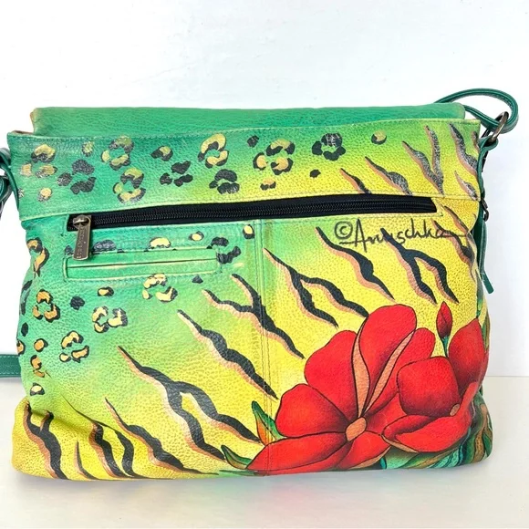 ANUSCHKA Multicolor Hand Painted Leather Wallet w Shoulder Bag Crossbody Satchel - Picture 6 of 16